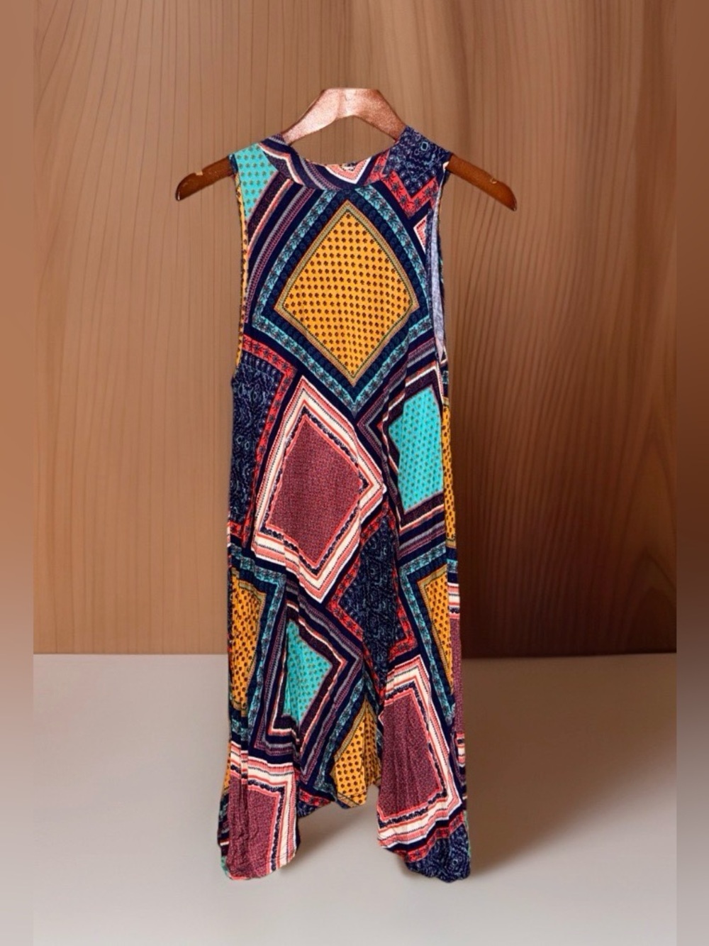 NWT Living doll Sleeveless Geometric Midi Dress in Yellow, Teal & Navy-M